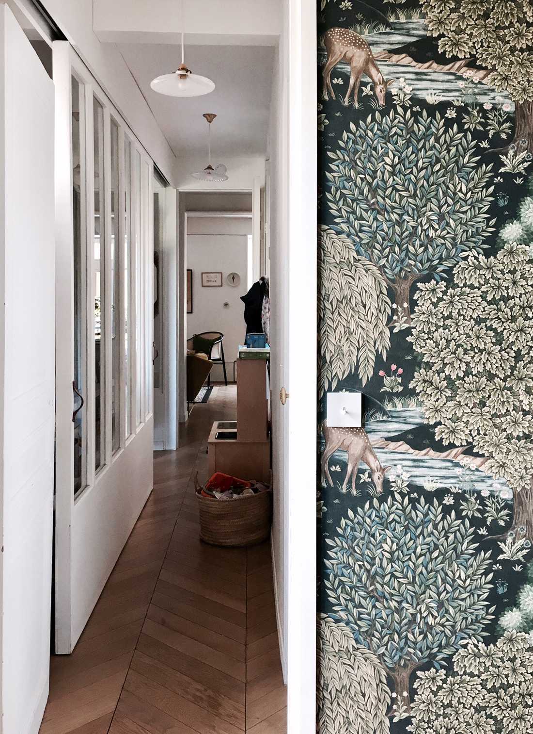 Couloir avec un papier peint nature dans un appartement rénové